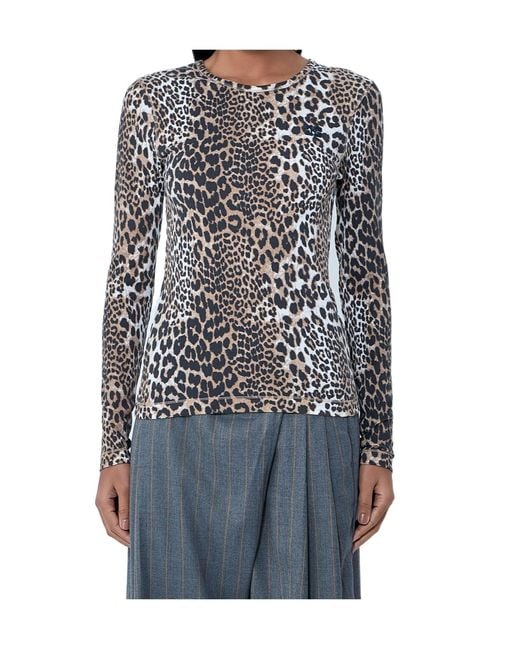 Ganni Blue Leopard Printed Long Sleeve Top