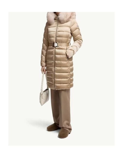 Moncler Natural Leersie Hooded Shearling-Trimmed Long Down Jacket