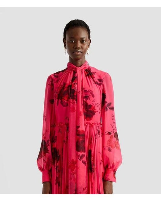 Erdem Red Pleated Floral-Print Voile Gown