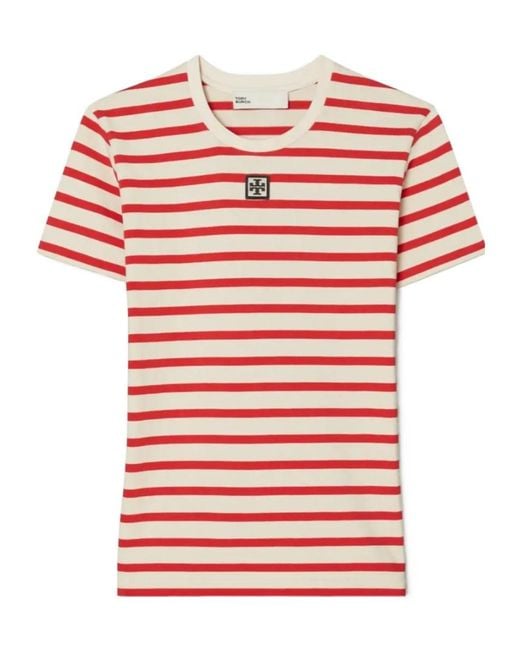 Tory Burch Pink Striped Embroidered T-Shirt