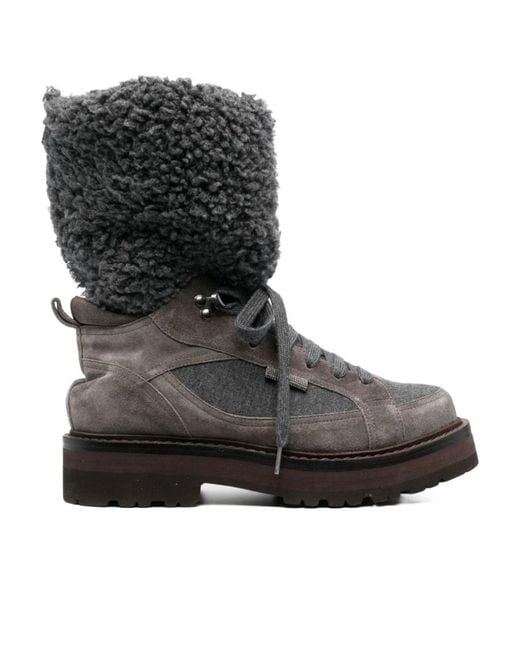 Brunello Cucinelli Black Faux-Fur Detail Hiking Boots