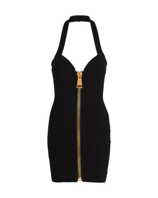 Balmain Black Halterneck Zipped Compact Jersey Short Dress