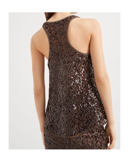 Brunello Cucinelli Brown Sequin-Embellished Mesh Top
