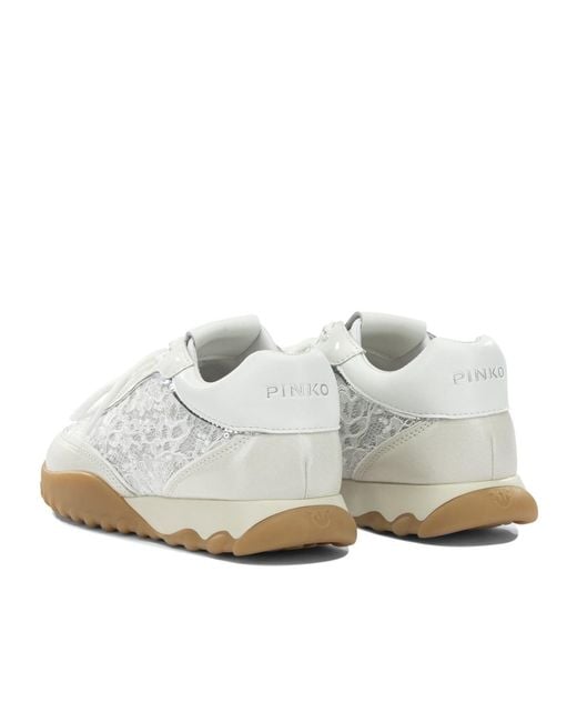 Pinko White Lace-Panelled Sequin-Embellished Sneakers