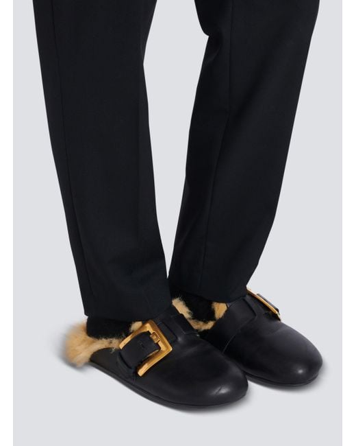 Balmain Brown Leather Faux Fur-Lined Mules for men