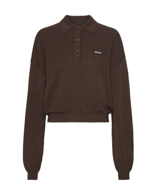 ROTATE BIRGER CHRISTENSEN Brown Long Sleeved Cropped Knit Polo Shirt