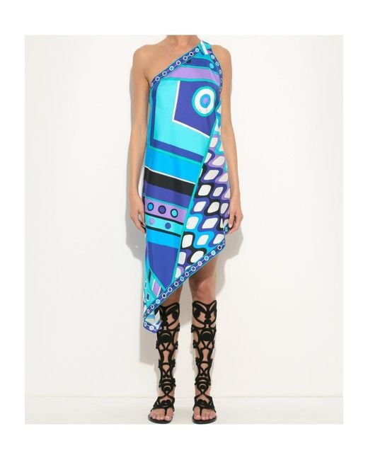 Emilio Pucci Blue Vivara-Printed One-Shoulder Asymmetric Dress