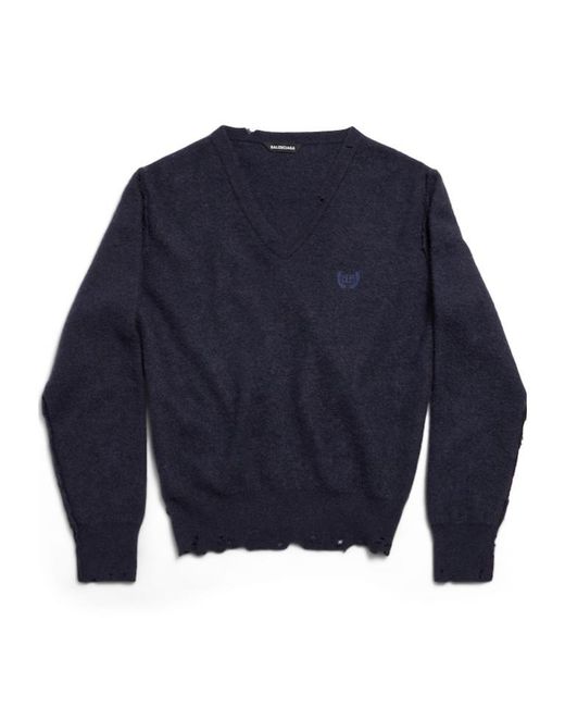 Balenciaga Blue Laurel Classic V-Neck Destroyed Sweater