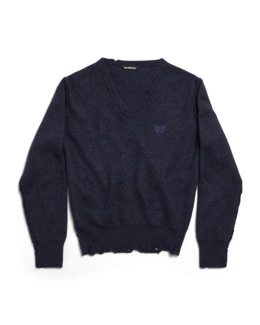 Balenciaga Blue Laurel Classic V-Neck Destroyed Sweater