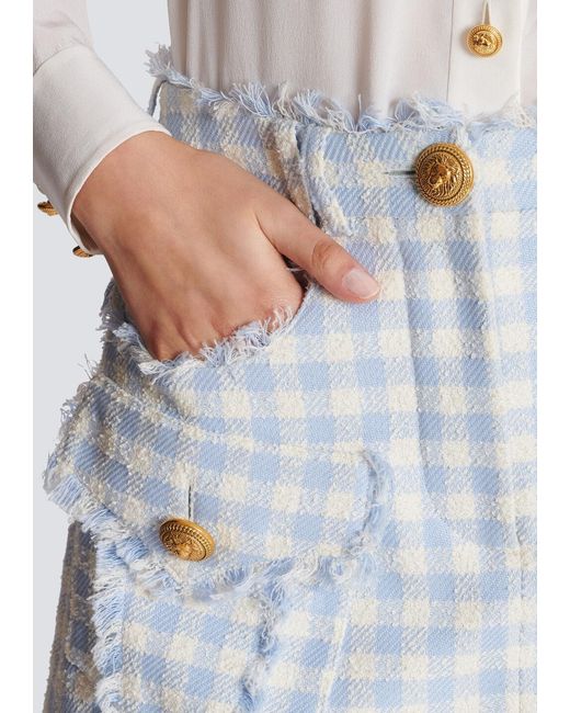 Balmain White Gingham Tweed A-Line Skirt