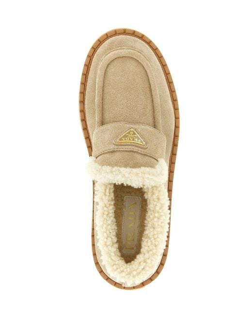 Prada Natural Triangle-Logo Round-Toe Loafers