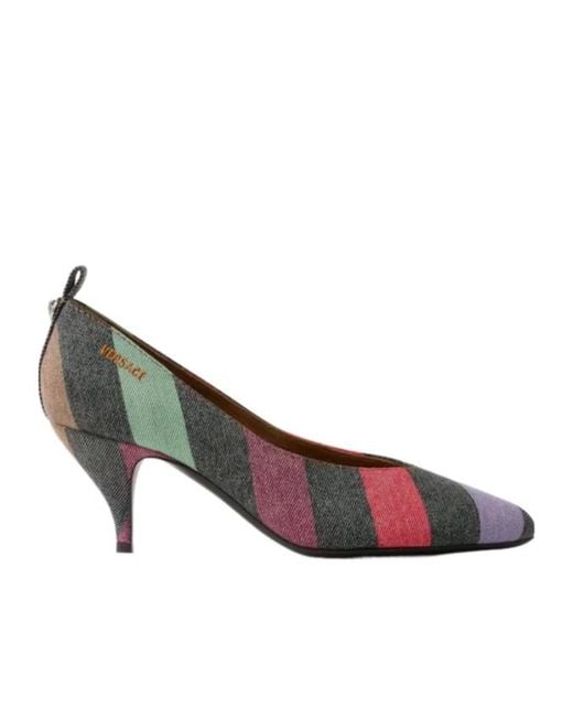 Versace Brown Tina Striped Denim Pumps 65 Mm