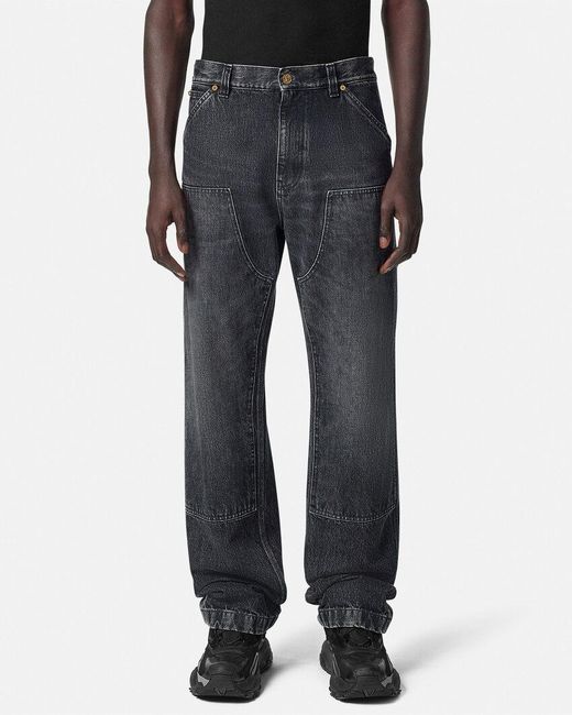 Versace Blue Logo-Patch Patchwork-Designed Jeans for men