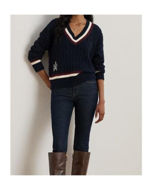 Ralph Lauren Blue Real Leather Knitted Crew Neck Jumper
