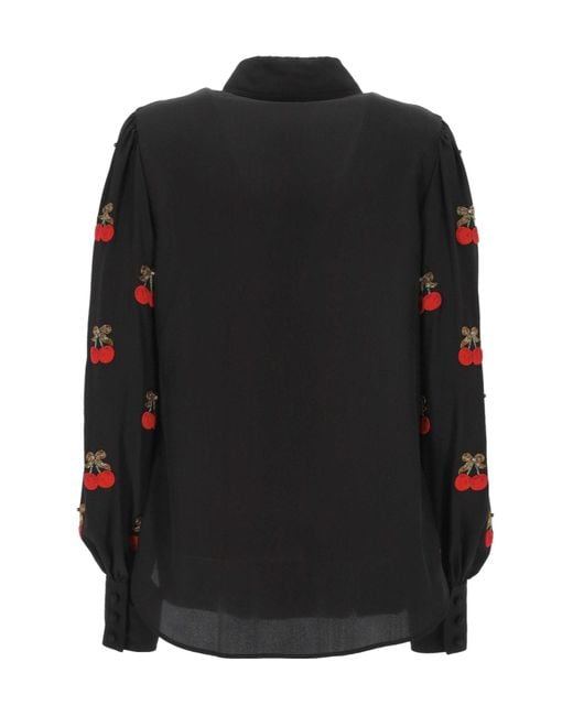 Valentino Black Cherry-Embellished Button-Up Blouse