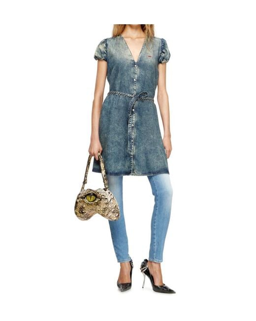 DIESEL Blue Puff-Sleeves Buttoned-Front Mini Day Dress