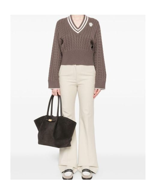Brunello Cucinelli Brown Cable-Knit V-Neck Sweater