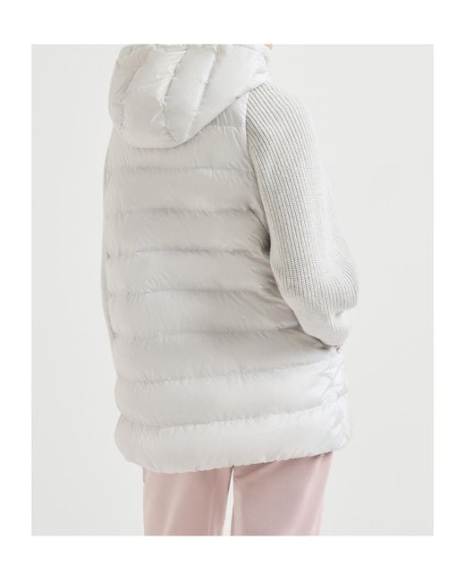 Brunello Cucinelli White Hooded Knit-Sleeve Jacket