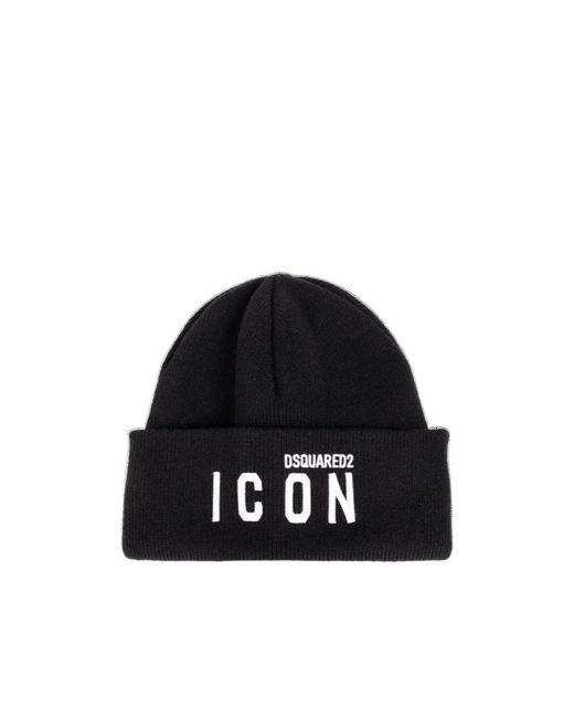 DSquared² Black Logo Embroidered Beanie for men
