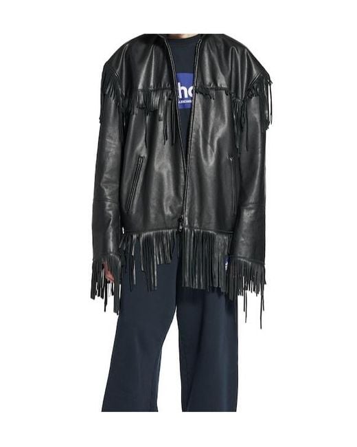 Balenciaga Black Fringed Hooded Leather Jacket for men