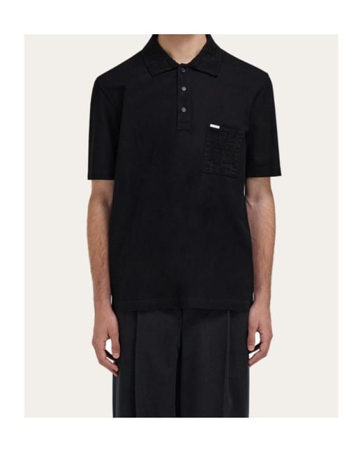 Ferragamo Black V-Neck Polo With Jacquard Pocket Detail for men