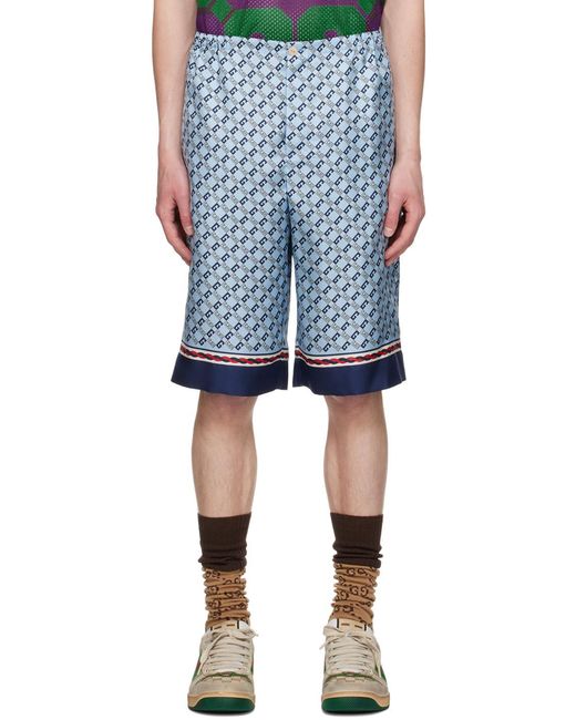 Gucci Blue Geometric Square G Printed Silk Shorts for men