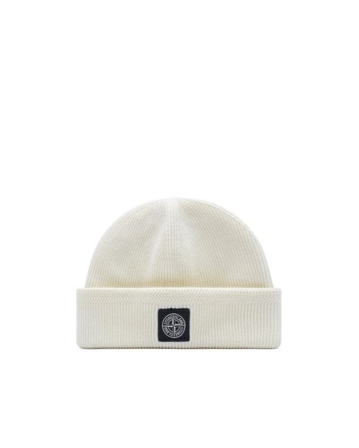 Stone Island White Compass Logo Patch Beanie for men