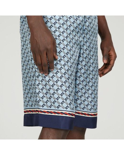 Gucci Blue Geometric Square G Printed Silk Shorts for men