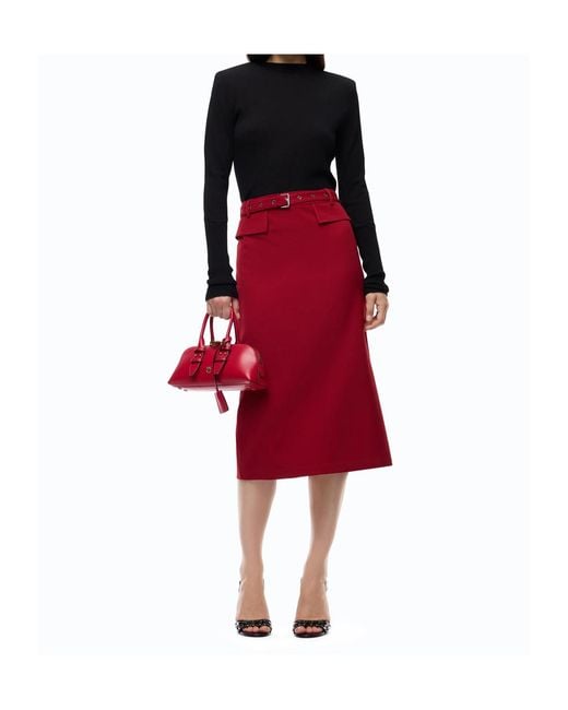 Pinko Red Belted Slit-Detail Midi Skirt