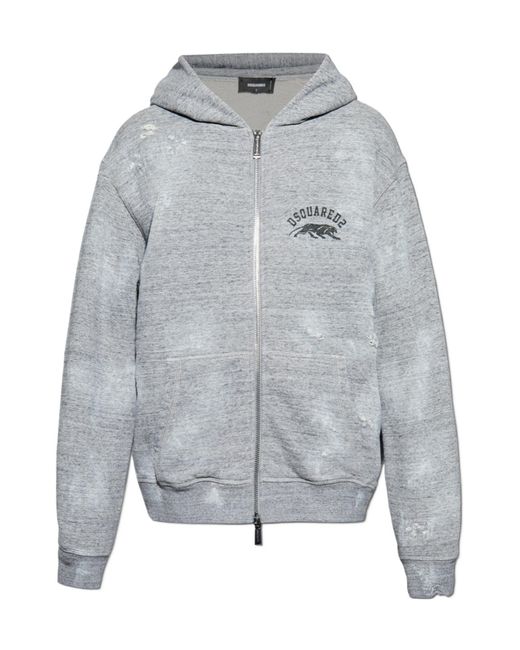 DSquared² Gray Logo Printed Zipped Destroyed Hoodie for men