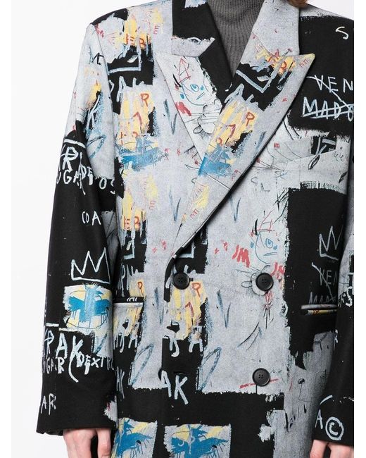 M I S B H V Gray Graphic-Print Double-Breasted Coat for men