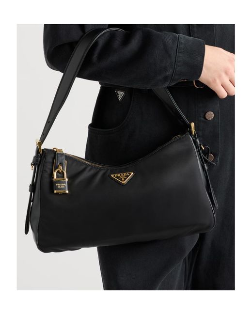 Prada Black Logo Plaque Padlock-Detailed Shoulder Bag