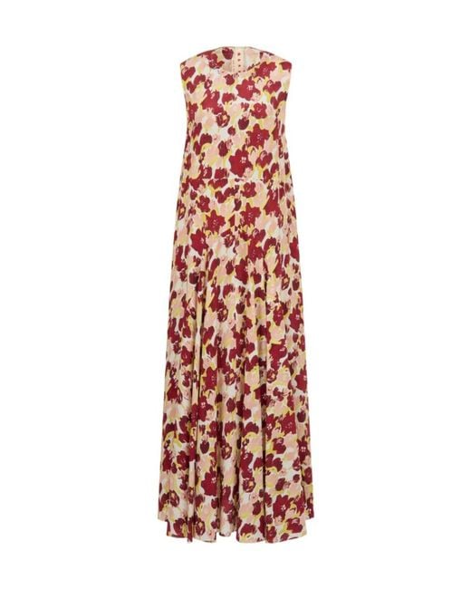 Marni Red Floral Pleated Sleeveless Dress
