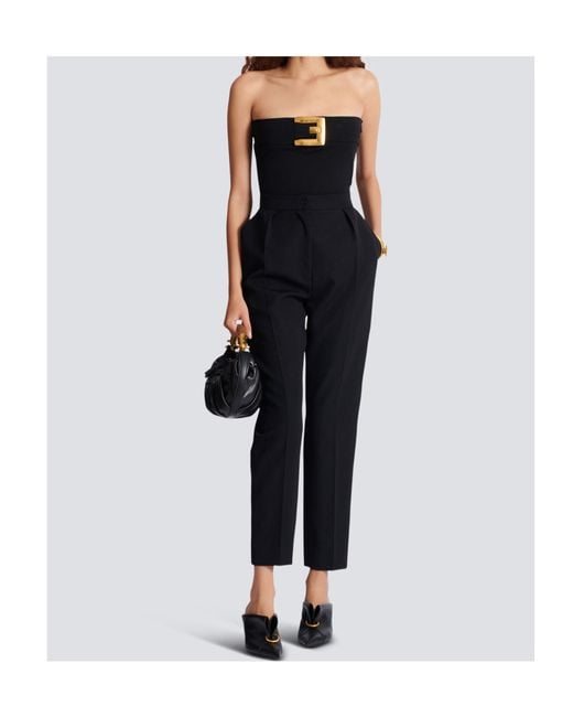 Balmain Black Strapless Buckle Crepe-Texture Bodysuit