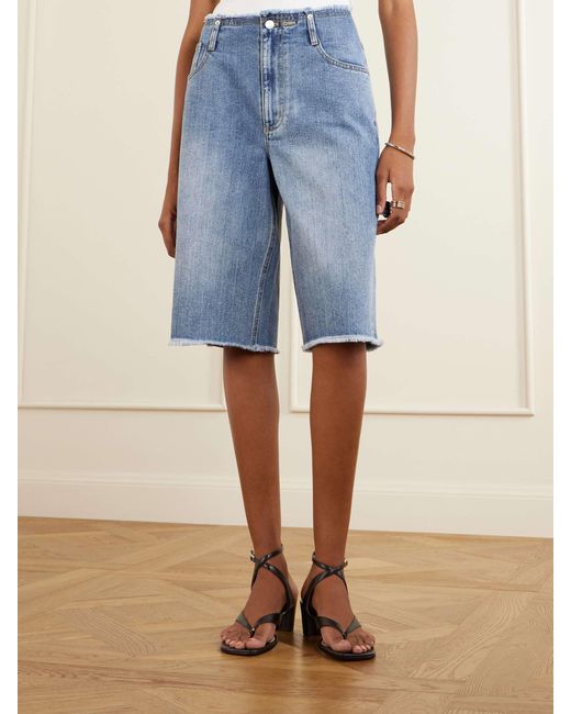 Tibi Blue Mid-Rise Denim Straight-Leg Shorts