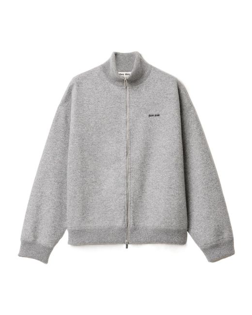 Miu Miu Gray Cashmere And Jersey Zipper Cardigan