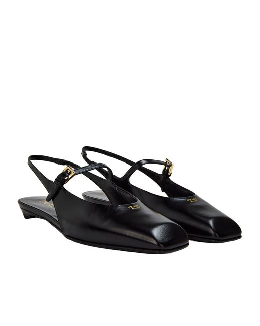 Prada Black Leather Square-Toe Backless Flats