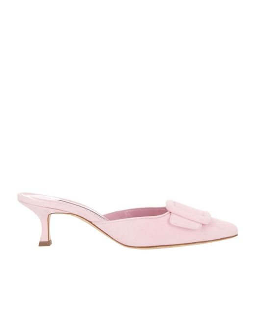 Manolo Blahnik Pink Buckled Pointed-Toe Mules