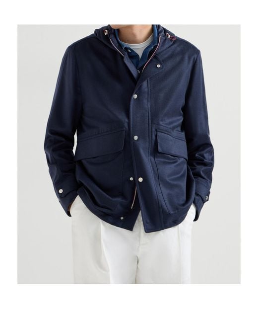 Brunello Cucinelli Blue Cashmere Hooded Jacket for men