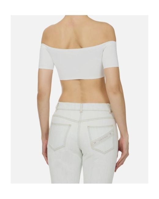 Elisabetta Franchi White Buttoned Off-Shoulder Knitted Top
