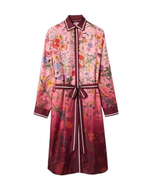 Gucci Red Printed Silk Twill Shirt Dress