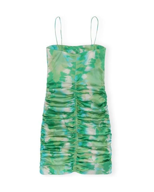 Ganni Green Silk Stretch Satin Mini Dress