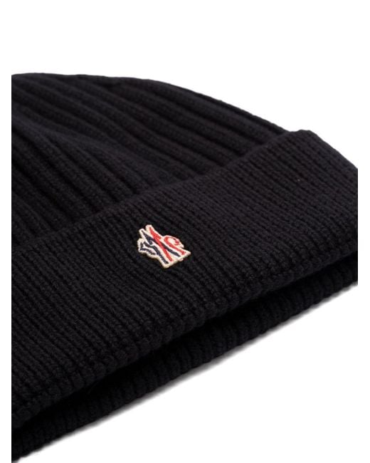 Moncler Black Grenoble Ribbed Logo Beanie Hat for men