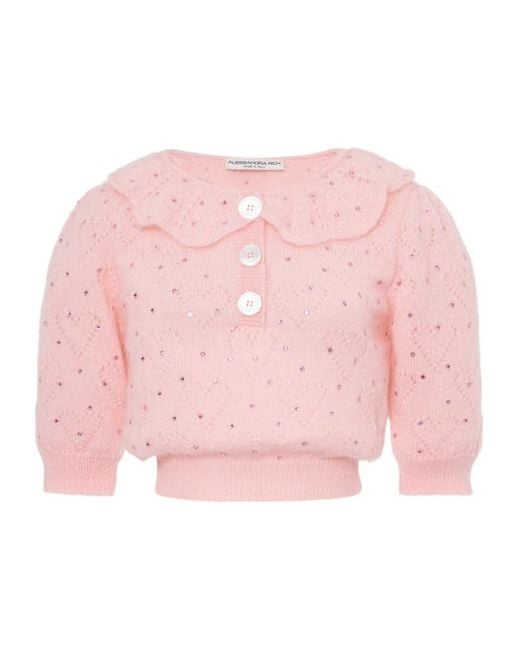 Alessandra Rich Pink Embellished Short Puff Sleeved Knitted Top
