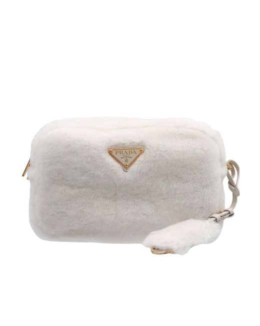 Prada Gray Logo Plaque Shearling Zipped Shoulder Bag