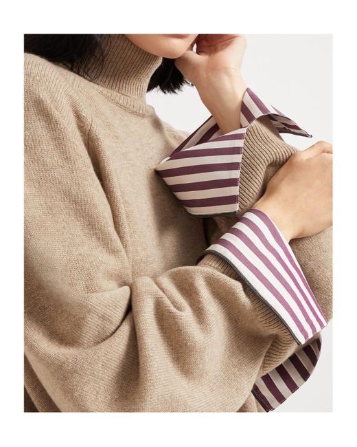 Brunello Cucinelli Natural Roll Neck Stripe Detailed Sweater