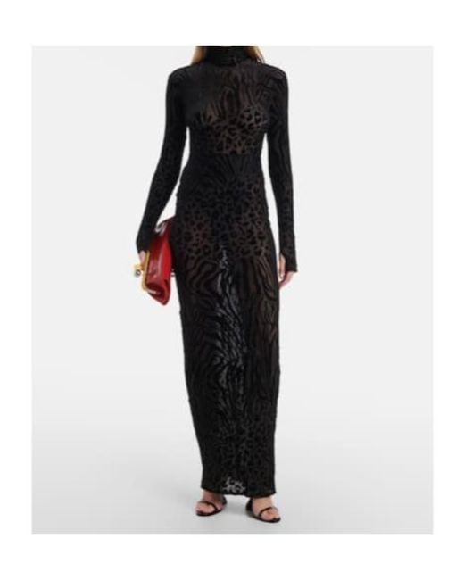 Alex Perry Black Sheer Animal-Print Devoré Maxi Dress