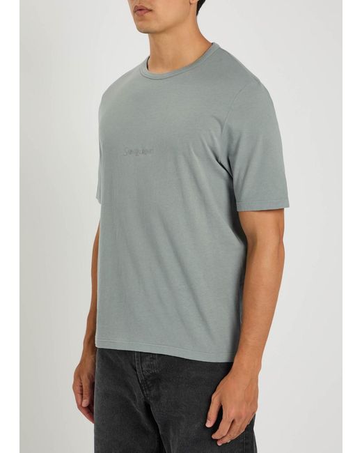 Saint Laurent Gray Logo-Embroidered Cotton T-Shirt for men