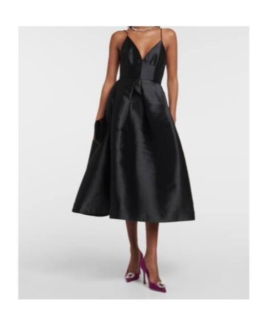 Alex Perry Black Pleated Silk Faille Midi Dress
