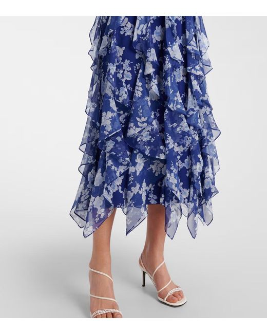 Carolina Herrera Blue Floral Ruffled Chiffon Midi Dress